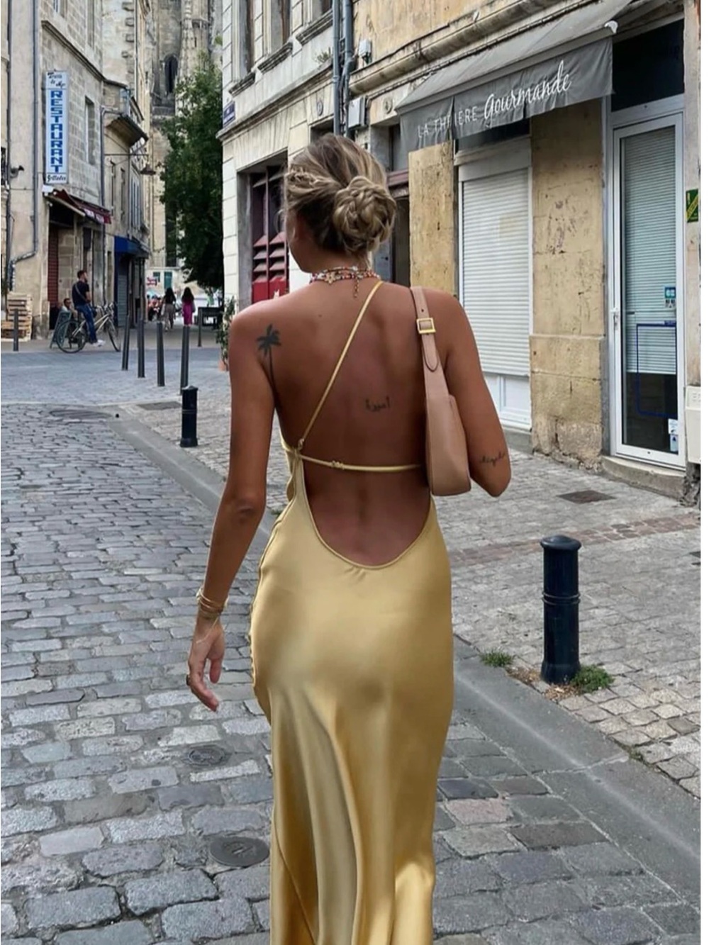 Commense One-Shoulder Satin Slip Dress in Yellow Gold - Picture 2 of 13